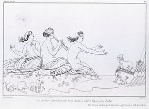 Havfruer søker etter sangen deres for å tiltrekke Ulysses. Tegning av John Flaxman (1755 - 1826). Homer