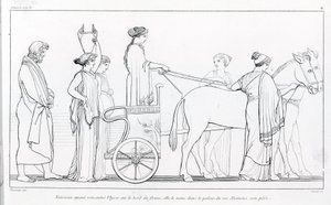 Nausicaa, som nettopp møtte Ulysses, tar ham med tilbake til farens palass, kong Alkinoos. Tegning av John Flaxman (1755 - 1826). Homer's Odyssey. Sang VI.