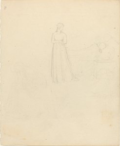 Stående kvinnefigur som ser på liggende og sittende figurer av John Flaxman