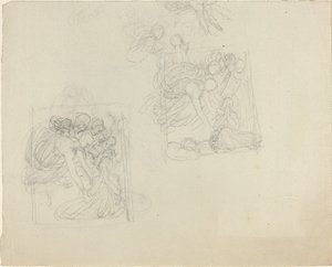 Studier for et monument med engler som strekker seg ned til en bedende figur [recto and verso] av John Flaxman