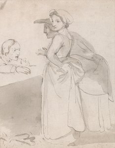 To kvinner snakker med en mann ved en skranke av John Flaxman