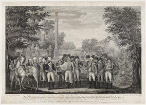 Britene overga våpnene sine til Gen: Washington etter deres nederlag i York Town i Virginia oktober 1781. av John Francis (after) Renault