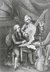 Portrett av Franz Joseph Haydn (1732-1809) og Wolfgang Amadeus Mozart (1756-91) som komponerer musikk for lut, gravert av Michele Benedetti (1745-1810)