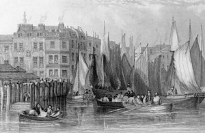 Billingsgate, illustrasjon i 'History of London: Illustrated by views of London and Westminster' av John Woods, gravert av John Woods, utgitt 1838