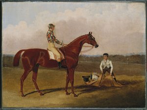 "Barfoot", veddeløpshest, med en jockey opp og en brudgom, 1835