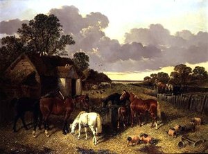 Hester, griser, fjærfe, and og storfe i en gårdsplass av John Frederick Herring Senior