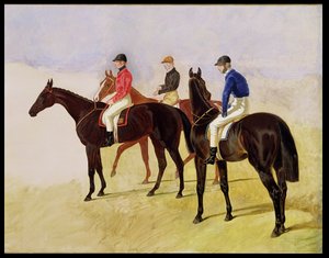Studie av Three Steeplechase Cracks: Allen McDonough på Brunette, Tom Oliver på Discount og Jem Mason på Lottery, eller Three Racehorses with Jockeys Up