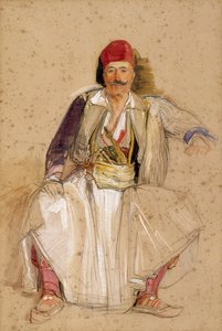 A Corfiote Warrior, sittende (akvarell over blyant på off-white papir) av John Frederick Lewis