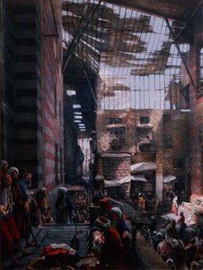 Utsikt over gaten og moskeen i Ghooreyah, Kairo av John Frederick Lewis
