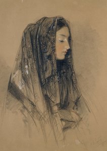 Hode for en italiensk jente i en mantilla, 1838 (rødt og svart kritt og indisk blekk med akvareller og kroppsfarger på buff bord) av John Frederick Lewis
