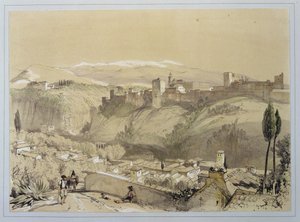 Alhambra fra Albay, fra 'Sketches and Drawings of the Alhambra', gravert av James Duffield Harding (1798-1863), 1835 av John Frederick Lewis