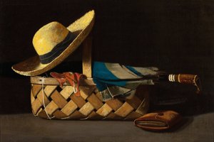 ""Marked Basket, Hat and Umbrella"" (Market Basket, Hat and Umbrella) Stilleben - Maleri av John Frederick Peto (1854-1907) ca. 1890 Privat samling av John Frederick Peto