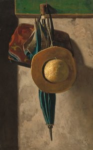 Stråhatt, veske og paraply, ca. 1900 (olje på stoff overført fra lerretsbrett)
