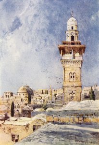 En minaret i det nordvestlige hjørnet av tempelområdet (farge litho) av John Fulleylove