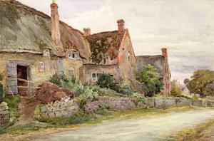 Hytte med stråtak med låve ved siden av, 1881 (wc og grafitt på papir) av John Fulleylove