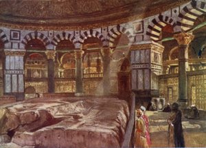 Den hellige klippe under kuppelen til Omar-moskeen (farge litho) av John Fulleylove