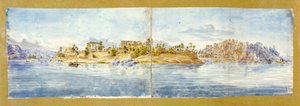 Øya Philae. Akvarell av John Gardner Wilkinson (1797–1875), britisk reisende og arkeolog, «den britiske egyptologiens far». Gammelt egyptisk tempelkompleks ved Nilen nær Aswan. av John Gardner Wilkinson