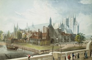 Westminster Hall and Abbey, gravert av Daniel Havell (1785-1826) utgitt av Rudolph Ackermann (1764-1834) 1819 (farget akvatint)