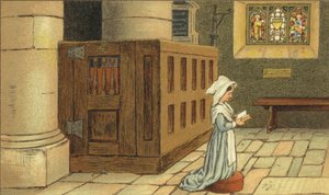 Jente ber i kirken (farge litho)
