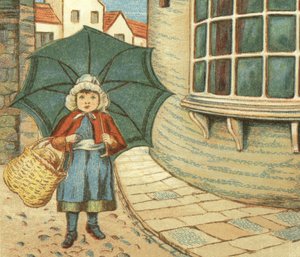 Liten jente ute og handler med kurven sin (farge litho)