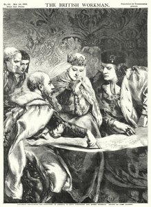 Columbus forklarer Discovery of America til kong Ferdinand og dronning Isabella (gravering) av John Gilbert
