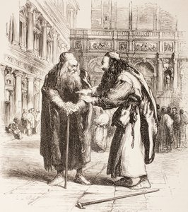Illustrasjon for The Merchant of Venice, Shylock og Tubal møtes på gaten, Act III, Scene I, fra 