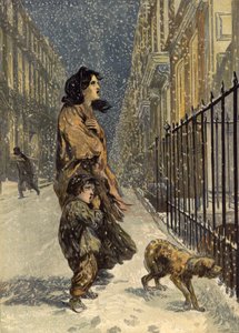 De hjemløse fattige, mor og barn med hund i snøen (chromolitho) av John Gilbert