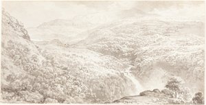 En fjelldal med en foss av John Glover