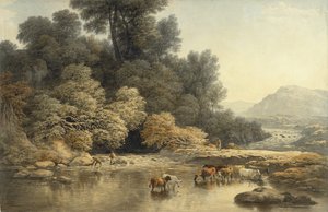 Kupert landskap med elv og storfe, ca. 1810 (wc over grafitt på vevd papir)