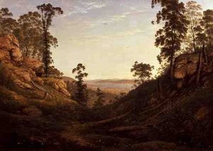 The River Derwent og Hobart Town, Tasmania (olje på lerret) av John Glover