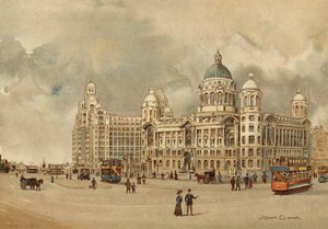 Liverpool: Offices of the Mersey Docks and Harbour Board, The Liver Building, etc, Approach to the Landing Stage (farge litho) av John Glynn