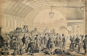 Julaften på Kings Cross Station, ca. 1870-90 (penn og vask på papir) av John Gordon Thomson