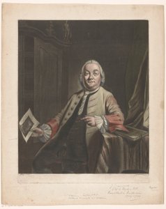 Portrett av Simon Fokke med i hånden avtrykket av plyndringen av huset til Gerrit Hagedooren, 1751