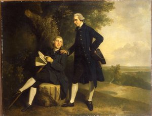 Dobbeltportrett av Thomas Somers Cocks og Richard Cocks fra Castleditch, begge små i full lengde, førstnevnte i en blå frakk og vest med en svart trehjørning, sistnevnte sitter i en blå frakk og vest med et manuskript, i et landskap, av John Hamilton Mortimer