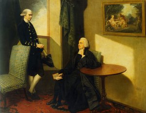 Dobbeltportrett av pastor John Cocks og James Cocks, begge små i full lengde, den tidligere i geistlig kjole sitter på en blå og hvit polstret stol, den siste i en blå frakk og vest lener seg mot en lignende stol, i et interiør, av John Hamilton Mortimer