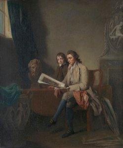 Portrett av en mann og en gutt som ser på utskrifter av John Hamilton Mortimer