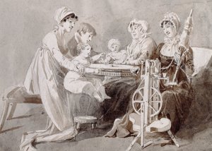En kvinne med sin familie ved et snurrehjul (penn- og blekkvask på papir) av John Harden