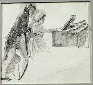 At the Piano (blekk på papir) av John Harden