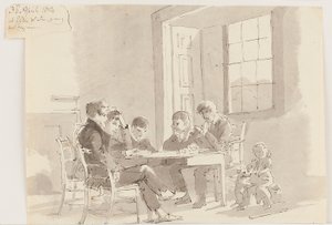 Gutter som leser på Storrs, Elterwater, 1814 (penn og blekk med vask på papir) av John Harden
