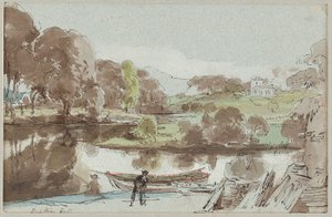Brathay Hall fra øst, Lake District, Cumbria, 1810 (wc på papir) av John Harden