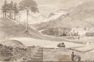 Brathay-feltet, Lake District, Cumbria, 1819 (wc på papir) av John Harden