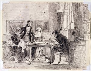 Familiegruppe sying og lesing, 10. oktober 1823 (penn og blekk på papir) av John Harden