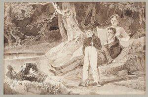Fire figurer blant trærne på en varm dag, 1807 (wc på papir) av John Harden