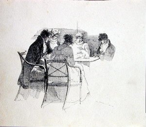 Gruppe samlet rundt et bord (penn og blekk på papir) av John Harden