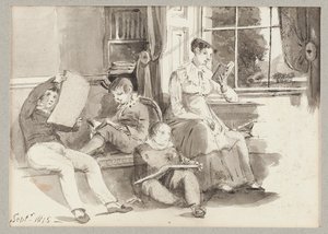 Jessy og tre barn, 1815 (wc på papir) av John Harden