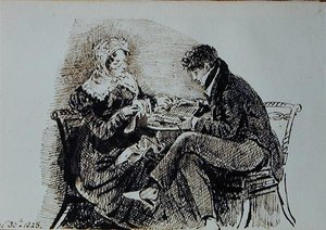 Mann og kvinne leser ved et bord av John Harden