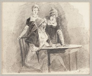 Tre ved et bord, en sittende, 1807 (blyant og vask på papir) av John Harden