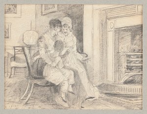 Tre ved bålet, med John W på 3 år, 1812 av John Harden