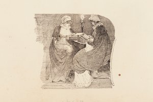 To kvinner som leser ved lampelys, 1804 (penn og blekk på papir) av John Harden