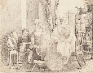 Kvinner ved spinnehjulet og en gutt med en lekebåt, 1807
